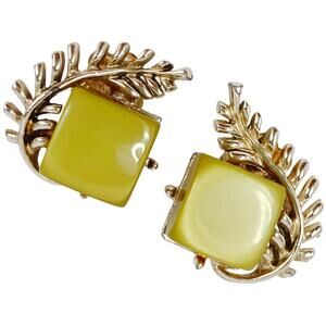 Vintage Signed Coro Earrings Mid Century Thermoset Lucite Clip On 50s Chartreuse